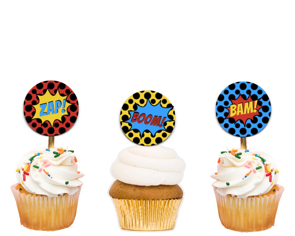 printable super hero cupcake toppers with red, yellow and blue polka dotted backgrounds