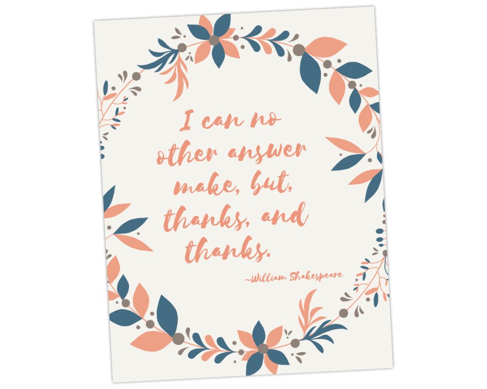 printable teacher appreciation wall art with William Shakespeare quote of I can no other answer make, but thanks, thanks and thanks on cream background with pink and blue floral wreath