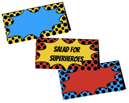 printable and customizable superhero themed food tent labels for super hero themed teacher appreciation, staff appreciation or volunteer appreciation luncheon or event with red, blue and yellow color scheme and polka dotted background