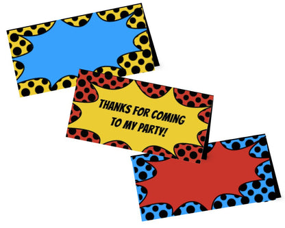 printable and customizable superhero themed gift bag topper labels for super hero themed teacher appreciation, staff appreciation or volunteer appreciation luncheon or event