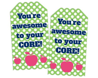 printable awesome to your core polka dot and apple themed teacher appreciation gift tags