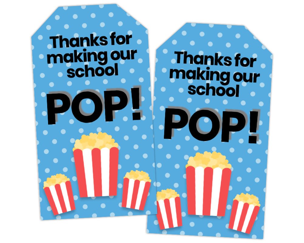 printable thanks for making our school pop popcorn teacher appreciation or volunteer appreciation gift tags with blue dotted background and red and white popcorn boxes