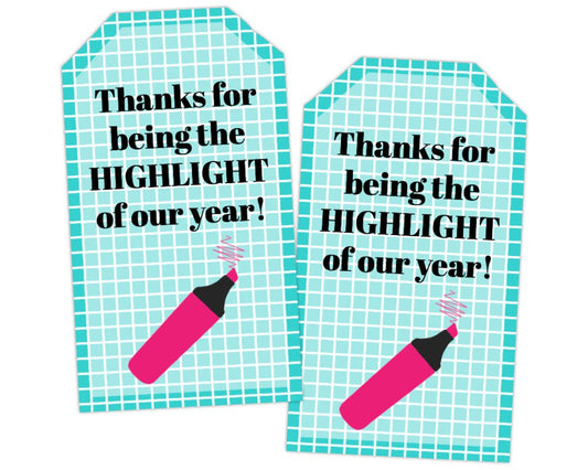 thanks for being the highlight of our year printable teacher appreciation volunteer appreciation thank you tag with blue grid background and pink highlighter