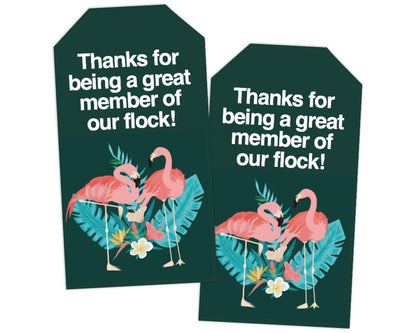 printable flamingo themed thanks for being a great member of our flock gift tags for pto pta appreciation on dark green background with pink flamingos standing in front of palm leaves and tropical flowers