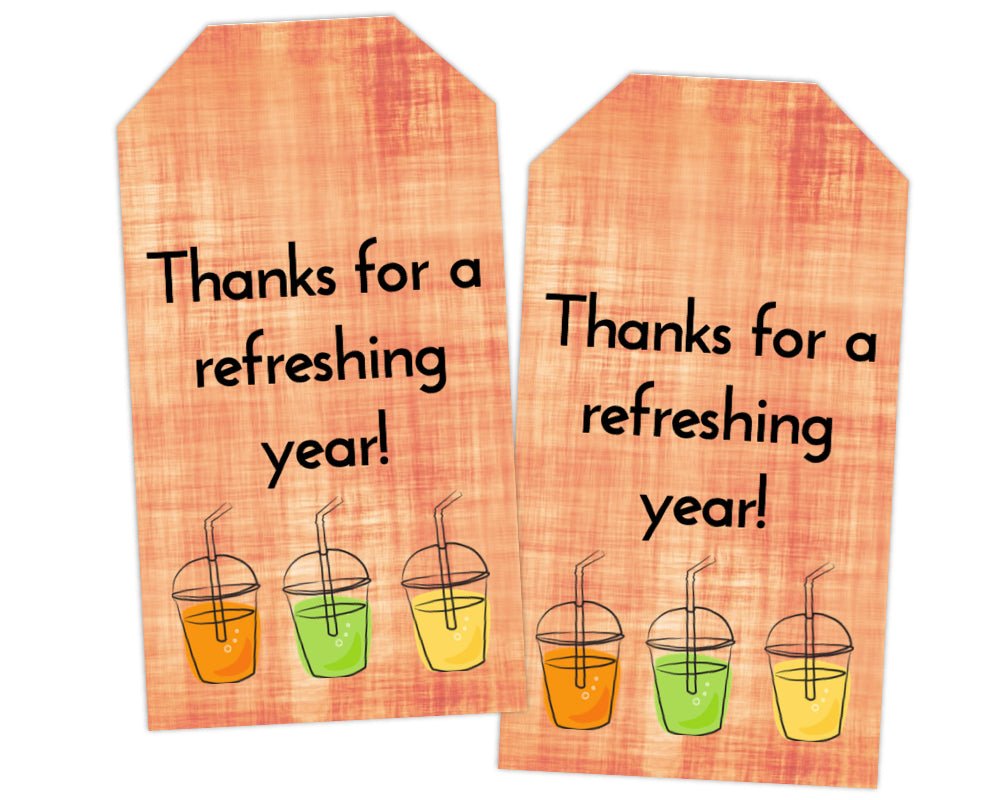 thanks for a refreshing year teacher appreciation printable gift tags on orange background with drink icons