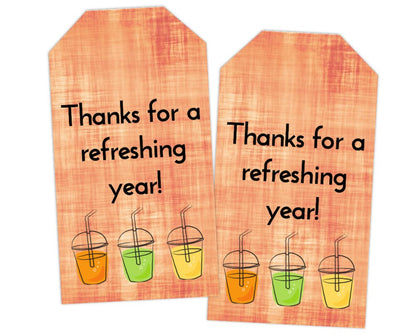 thanks for a refreshing year teacher appreciation printable gift tags on orange background with drink icons