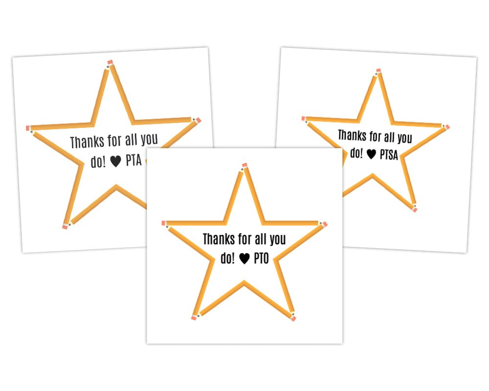 printable teacher appreciation and staff appreciation gift tags saying thanks for all you do from pta pto ptsa with pencil shaped stars