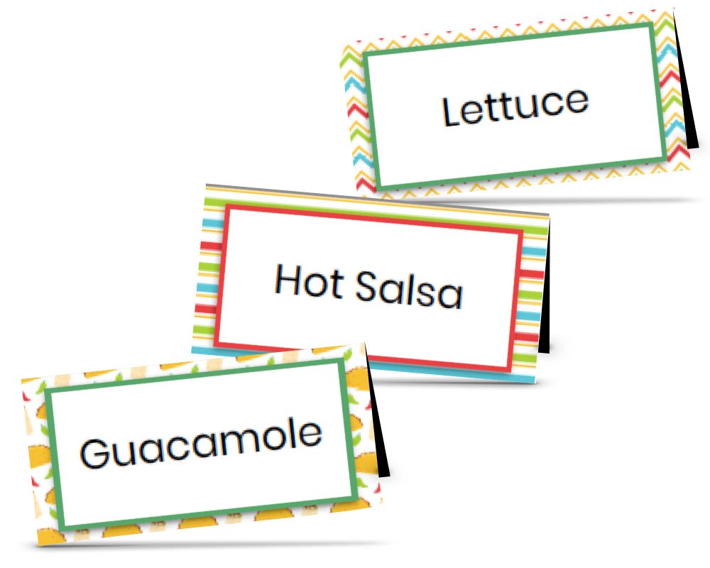 taco themed fiesta food tent labels with striped, chevron and taco icon backgrounds