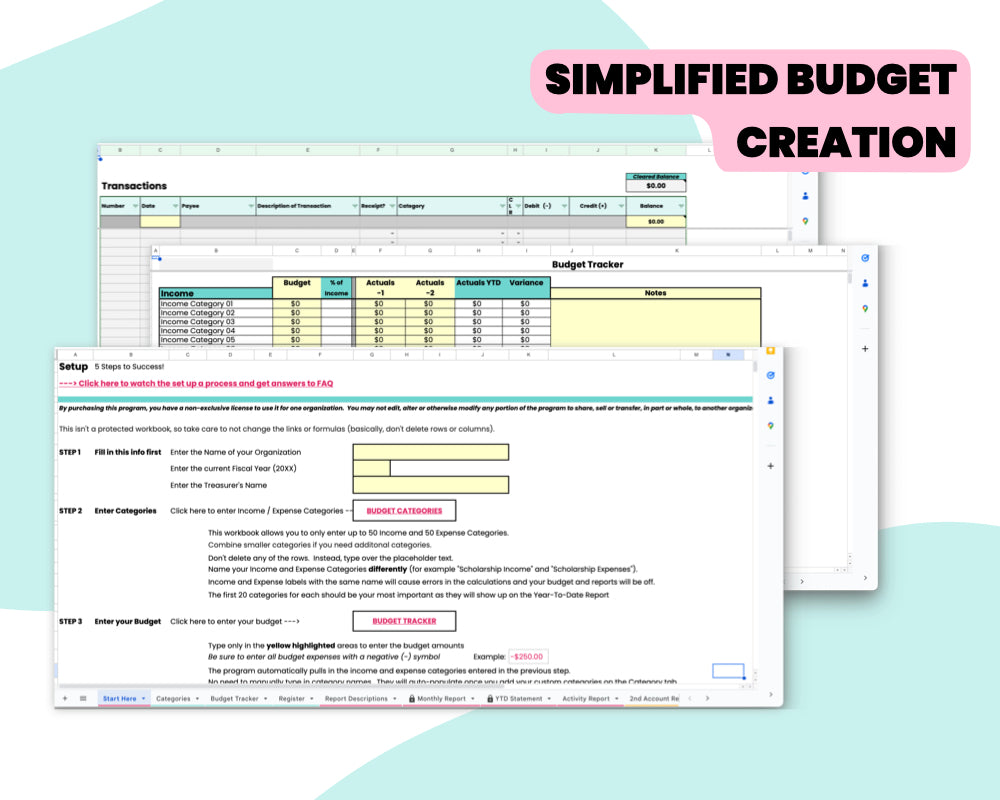 simplified budget creation' screenshots of pta bookkeeping system with text overlay by pto answers