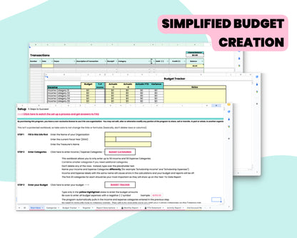 simplified budget creation' screenshots of pta bookkeeping system with text overlay by pto answers