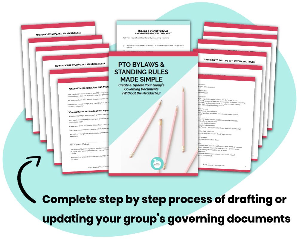 'complete step by step profess of drafting or updating your group's governing documents' for school parent gorups pink teal and white pages of pdf splayed on top of blue blob shape 