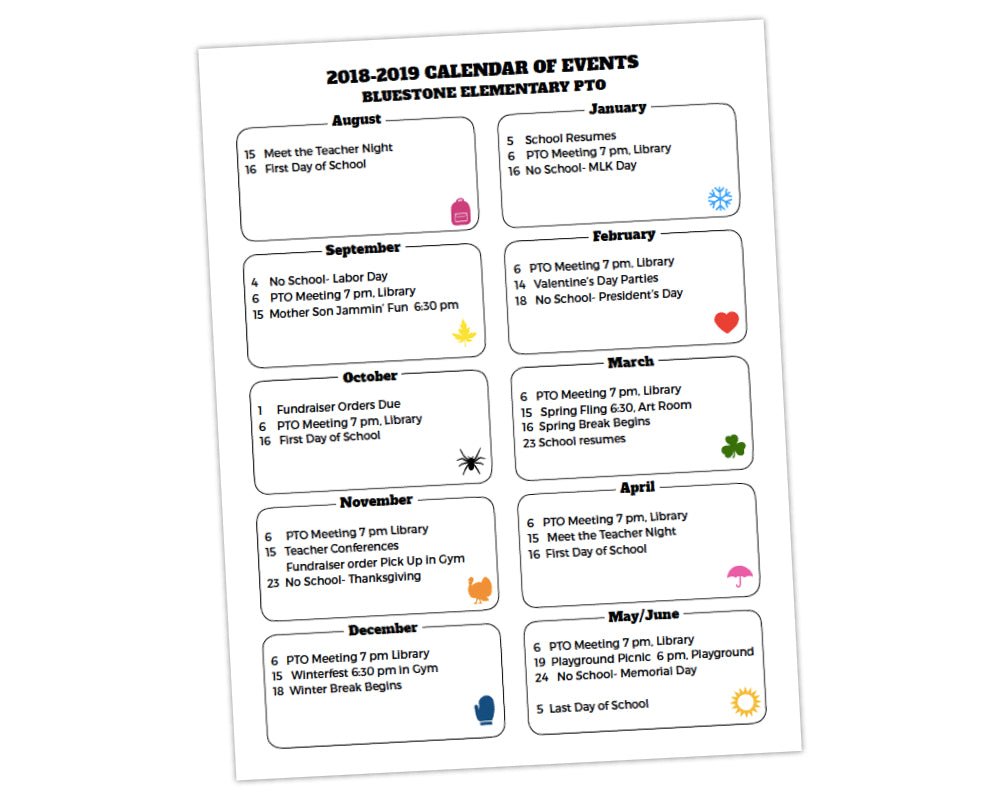customizable pta pto school calendar of events template flier with multi-colored icons for better school communication and parent involvement by pto answers