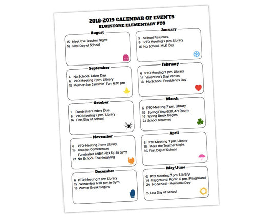 customizable pta pto school calendar of events template flier with multi-colored icons for better school communication and parent involvement by pto answers