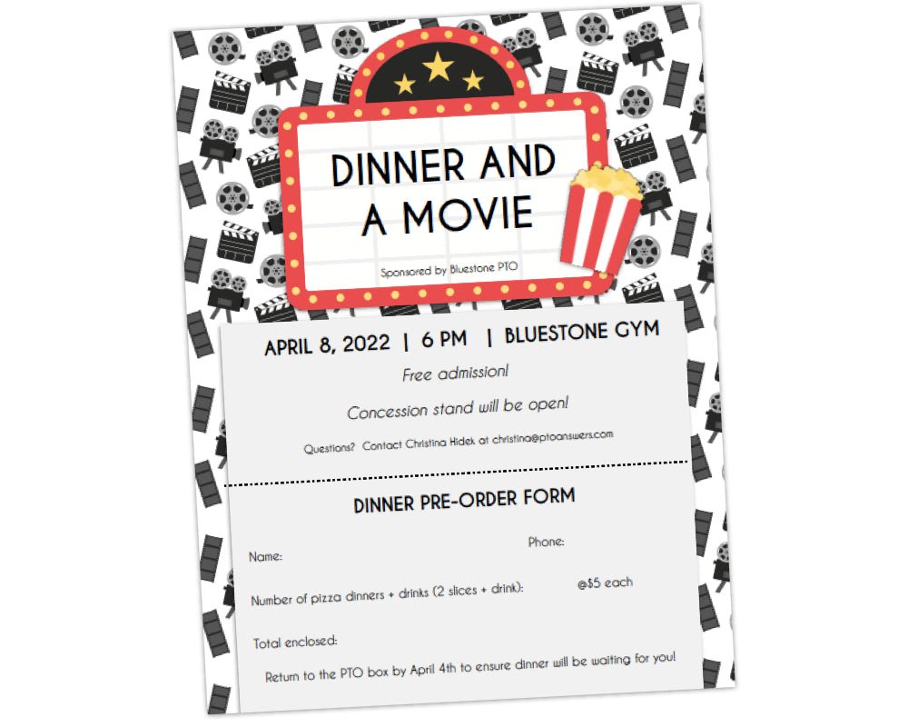 customizable and printable dinner and a movie school family fun event flier template with red, yellow, white and black movie marquee sign and popcorn icons atop background with movie related icon background