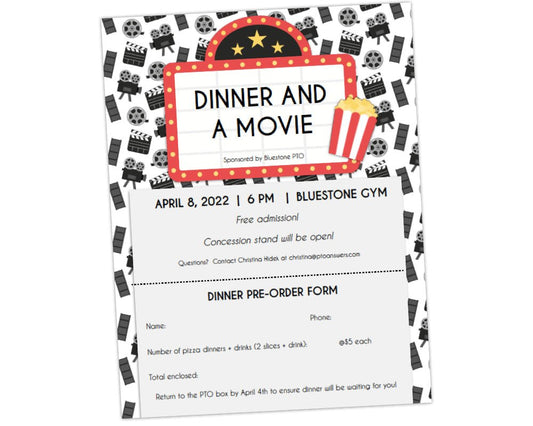 customizable and printable dinner and a movie school family fun event flier template with red, yellow, white and black movie marquee sign and popcorn icons atop background with movie related icon background