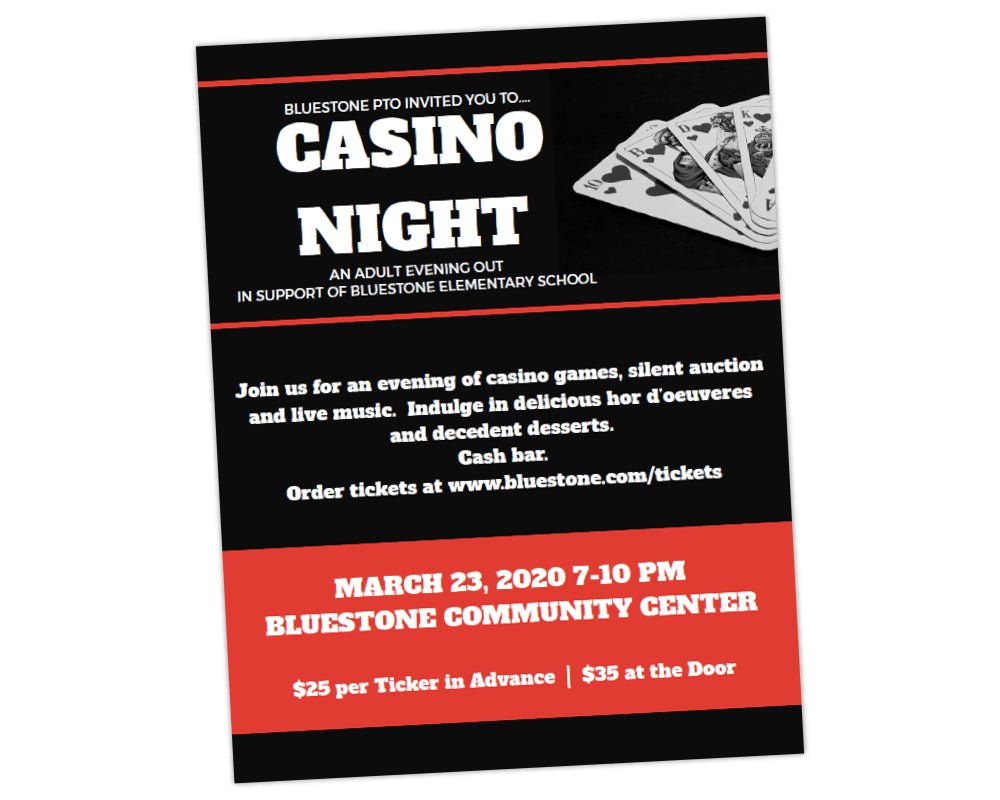 red, black and white themed flyer with red dice and black and white jammed out playing cards