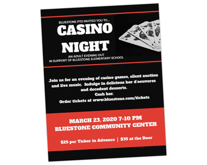 red, black and white themed flyer with red dice and black and white jammed out playing cards