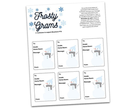 frosty grams fundraiser grams flyer template with snowman and snowflake icon decorations