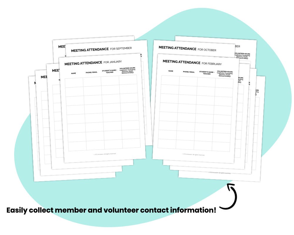 black and white pto meeting sign in attendance sheets atop blue shape by pto answers