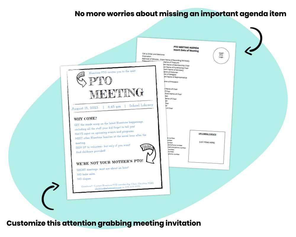 pto meeting flyer invitation colorful documents atop blue shape