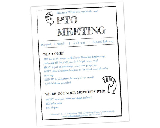 chalkboard style grey font and blue font with black curved arrow icons pta pta meeting flyer invitation for parents to boost pto meeting attendance