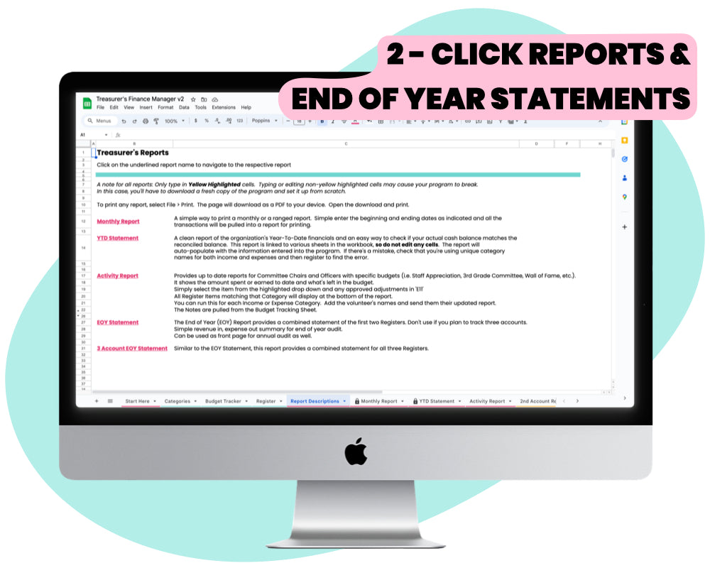 '2 click reports and end of year statements' screenshot of pto bookkeeping program displayed on iMac screen with text overlay with a pink background by pto answers