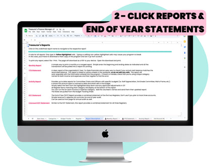 '2 click reports and end of year statements' screenshot of pto bookkeeping program displayed on iMac screen with text overlay with a pink background by pto answers
