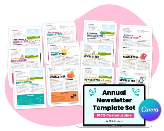 'annual newsletter template set for pta/pto by pto answers' customizable in Canva colorful newsletter templates with seasonal icons atop pink shape with laptop screen displaying resource name in lower right hand corner