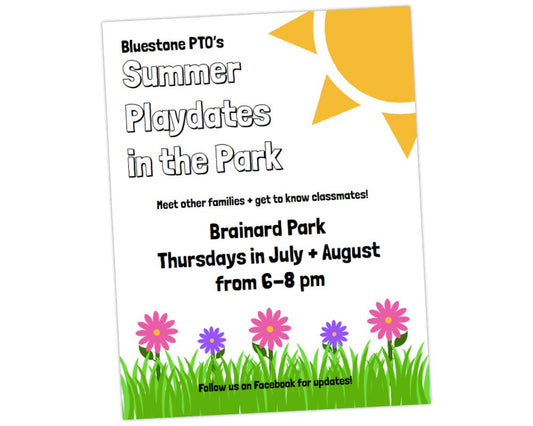 white flyer template with pink and purple flowers, green grass and bright yellow gold sun graphics for summer playdates in the park flier template to boost membership and volunteer base for school parent group by pto answers