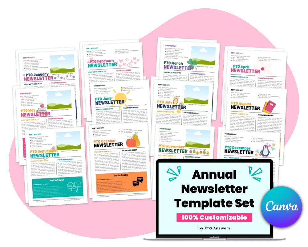 colorful newsletter templates with seasonal icons atop pink shape with laptop screen displaying resource name in lower right hand corner