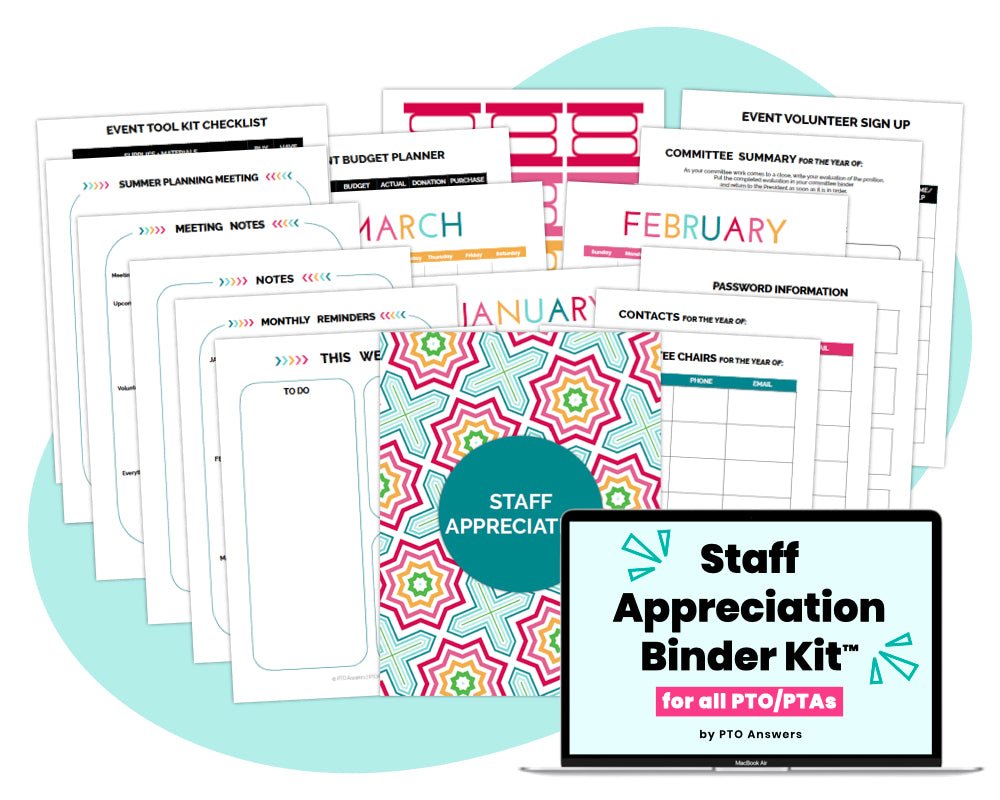 'Staff Appreciation Binder Kit for all PTO/PTAs by PTO Answers' printable binder kit for school parent group volunteer organization with colorful documents and computer screen displaying resource name atop blue shape