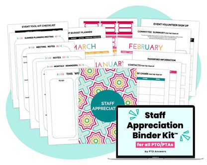 'Staff Appreciation Binder Kit for all PTO/PTAs by PTO Answers' printable binder kit for school parent group volunteer organization with colorful documents and computer screen displaying resource name atop blue shape