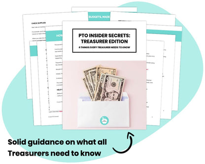 'solid guidance on what all treasurers need to know' volunteer strategies and guide by pto answers -colorful documents and book cover with iMac displaying resource name atop blue blob shape with text underneath