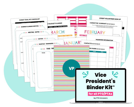 'Vice President Binder Kit for all PTO/PTAs by PTO Answers' printable binder kit for school parent group volunteer organization with colorful documents and computer screen displaying resource name atop blue shape