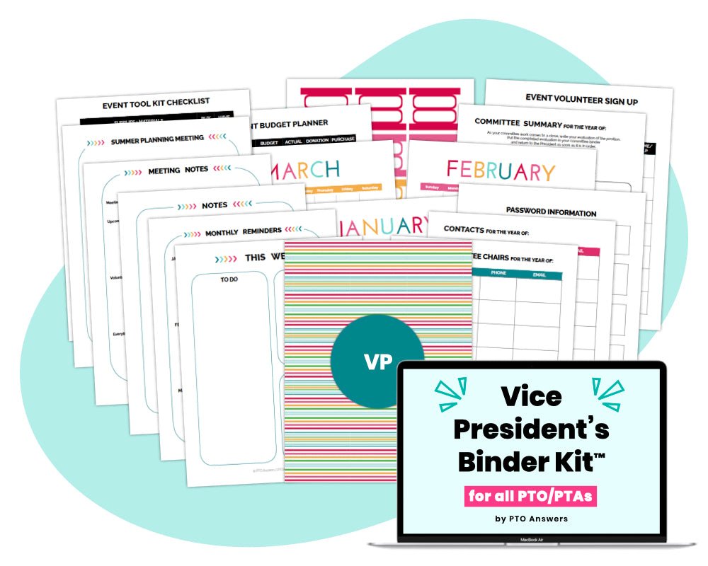 'Vice President Binder Kit for all PTO/PTAs by PTO Answers' printable binder kit for school parent group volunteer organization with colorful documents and computer screen displaying resource name atop blue shape