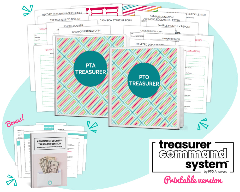 printable version of the treasurer command system by pto answers with treasurer binder, pta/pto templates and pto insider guide for treasurers