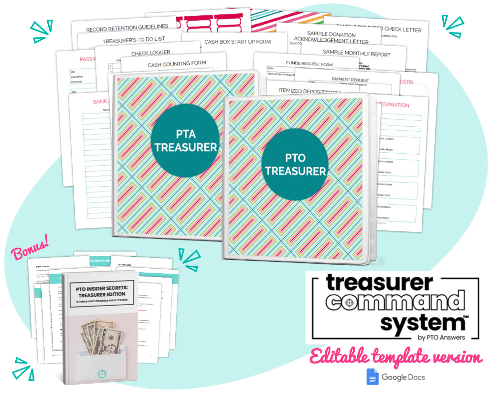 editable template version of the treasurer command system featuring treasurer binder and bonus pto insider guide for treasurers
