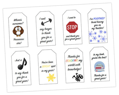 printable punny staff appreciation tags for teacher appreciation week and end of the year gift ideas for bus driver, music teacher, librarian, pe gym teacher, art teacher and stem teacher