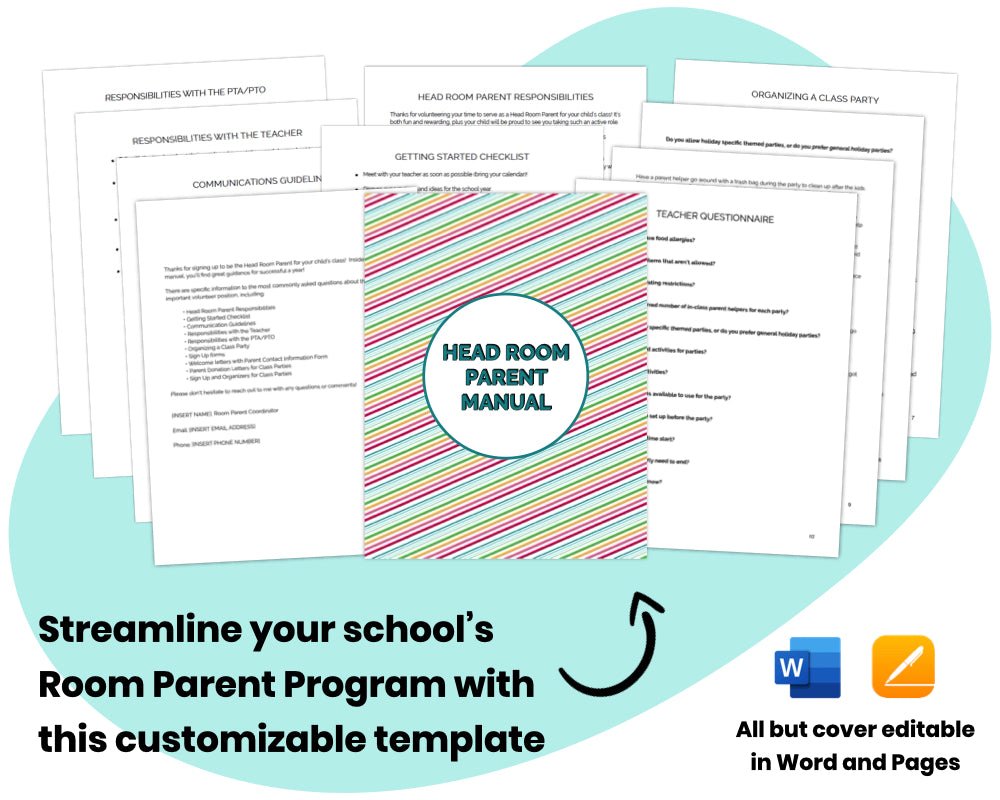 colorful documents blue blob shape 'streamlined your school's room parent program with this customizable template all but cover editable in word and pages' room parent manual for effective parent volunteer class program by pto answers