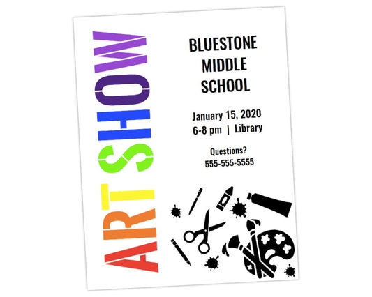 rainbow art show title with black and white art icons in lower right corner invitation flier template by pto answers