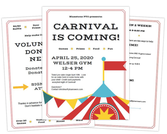 colorful bigtop and pennant customizable printable school carnival flyer template set with volunteer form and donation request forms for family fun event by pto answers