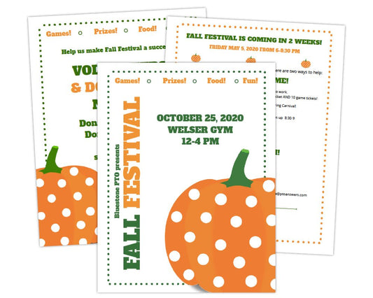 customizable school fall festival flier template with cute pumpkins for event and volunteer and donation request forms and sign up sheets for family fun event. by pto answers
