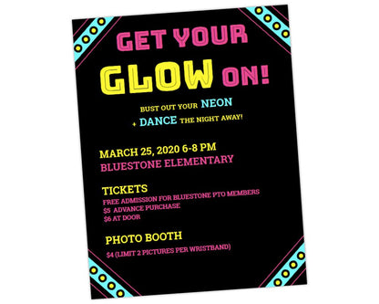 neon blue, pink and yellow color scheme flyer with circles and striped decorations in corners for family fun event and parent engagement by pto answers