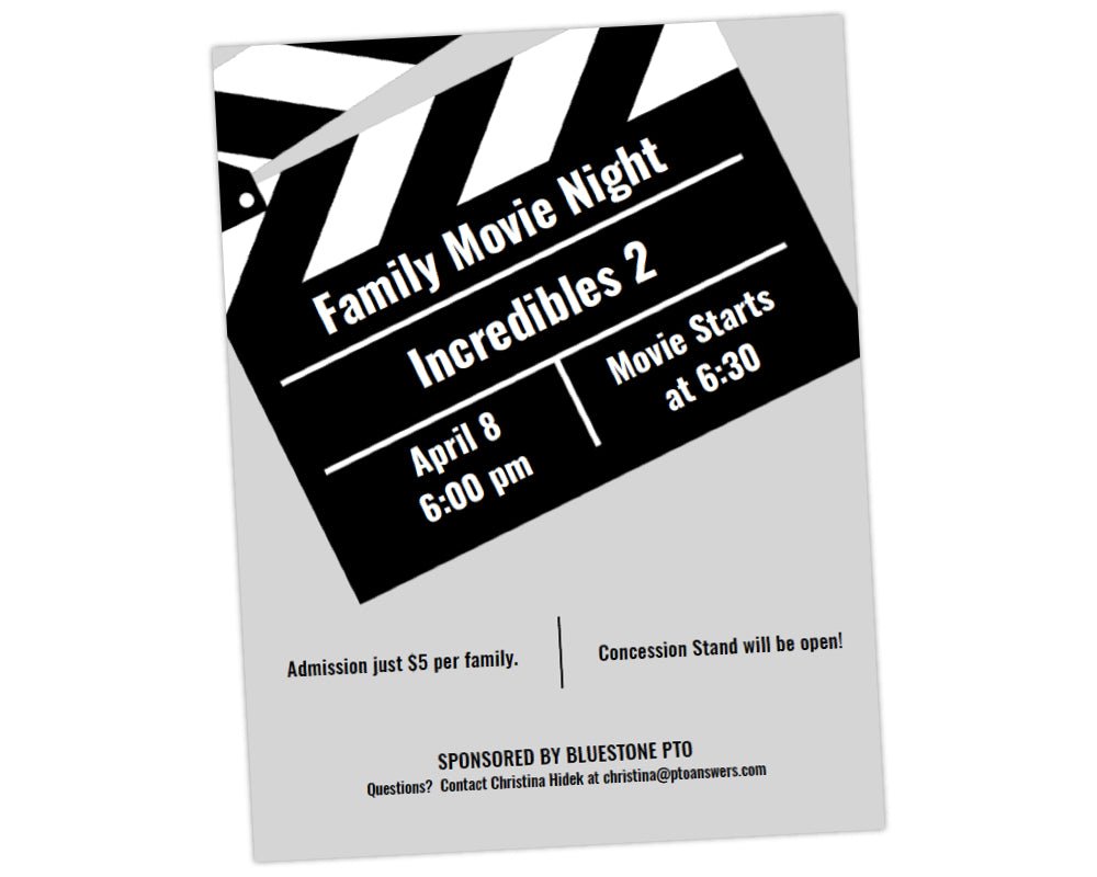 black white and grey color scheme with black and white clapboard movie night flyer invitation family fun night flier by pto answers