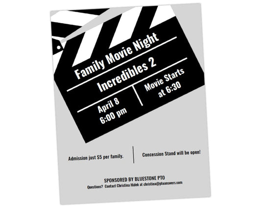 black white and grey color scheme with black and white clapboard movie night flyer invitation family fun night flier by pto answers