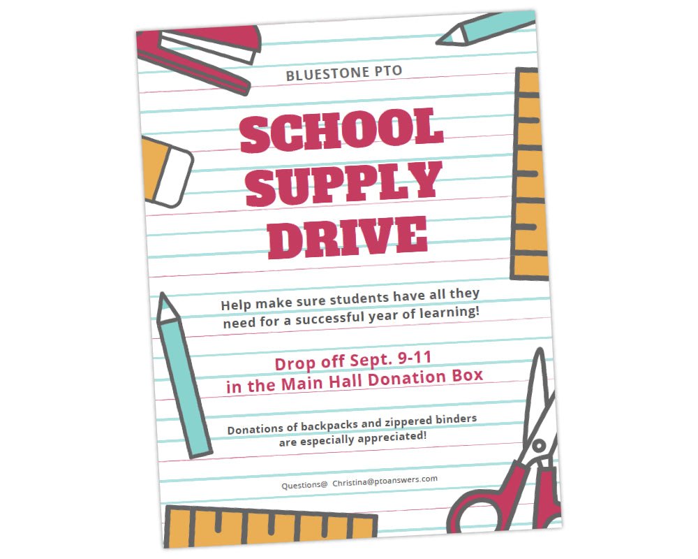 multicolored school supplies scattered on ruled loose leaf paper background pto school supply flyer for back to school event by pto answers