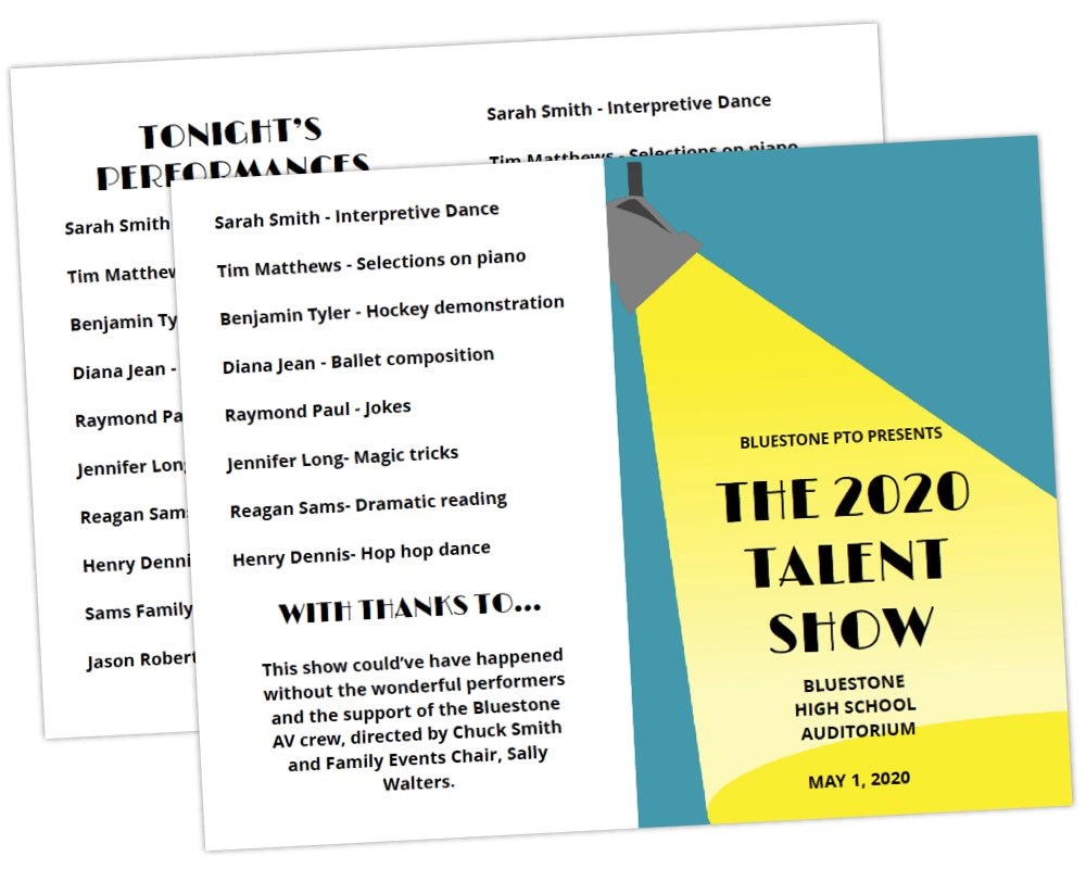 spotlight graphic shining town on program title for school talent show program template by pto answers