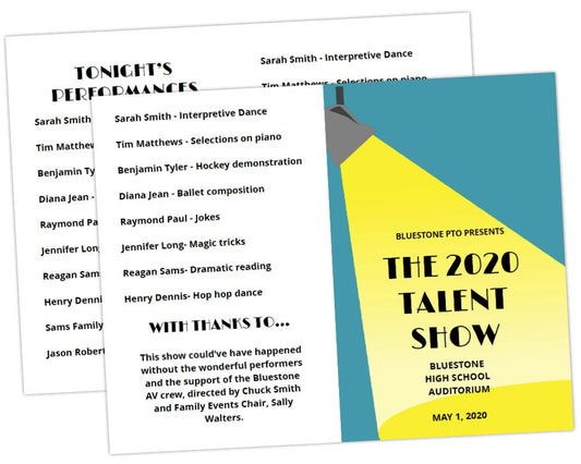 spotlight graphic shining town on program title for school talent show program template by pto answers