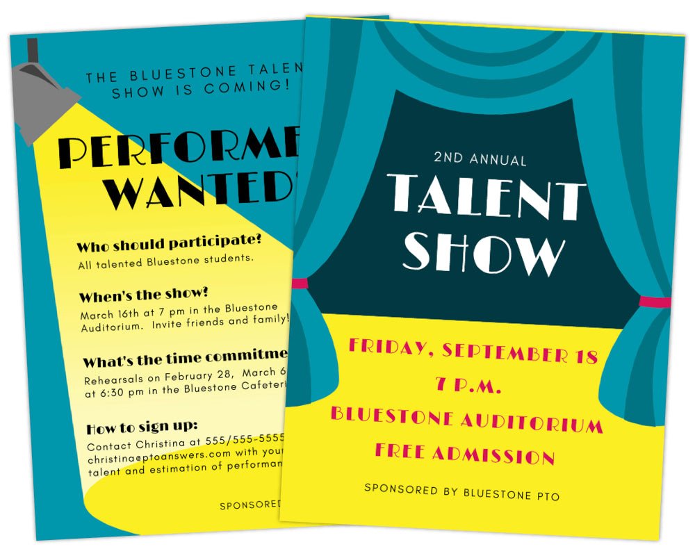 spotlight shining down on flyer text and second flyer featuring blue curtained stage for school talent show invitation and promotional flyer to boost participation and attendance by pto answers