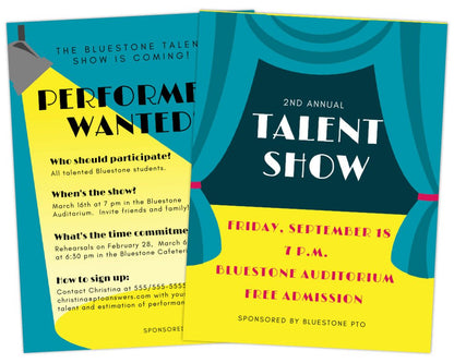 spotlight shining down on flyer text and second flyer featuring blue curtained stage for school talent show invitation and promotional flyer to boost participation and attendance by pto answers